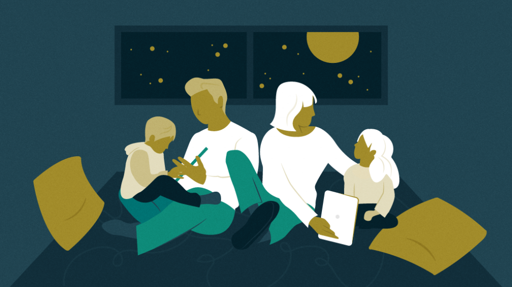 Cartoon silhouette of young family reading books and learning together